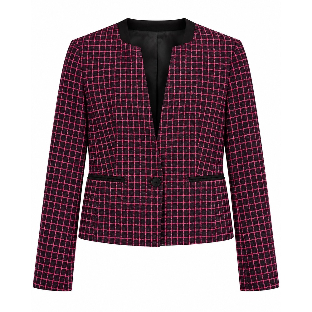 Le Suit Blazer 14P Pink Black Plaid One Button Petite Career Jacket